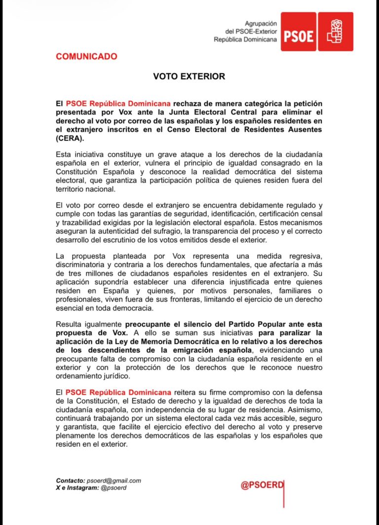 EL PSOE DE REPÚBLICA DOMINICANA RECHAZA DE MANERA CATEGÓRICA LA PROPUESTA DE VOX DE ELIMINAR EL VOTO POR CORREO EN EL EXTERIOR